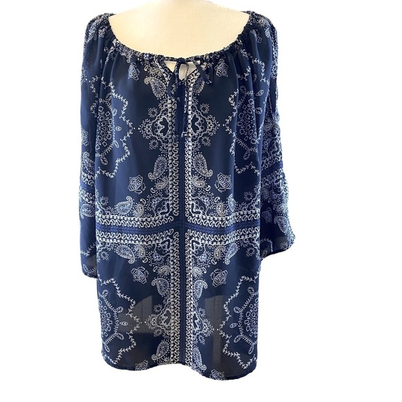 Westport Womans 2X Navy Paisley Blouse V Neck 3/4 Cold Shoulder Sleeve - Picture 1 of 15